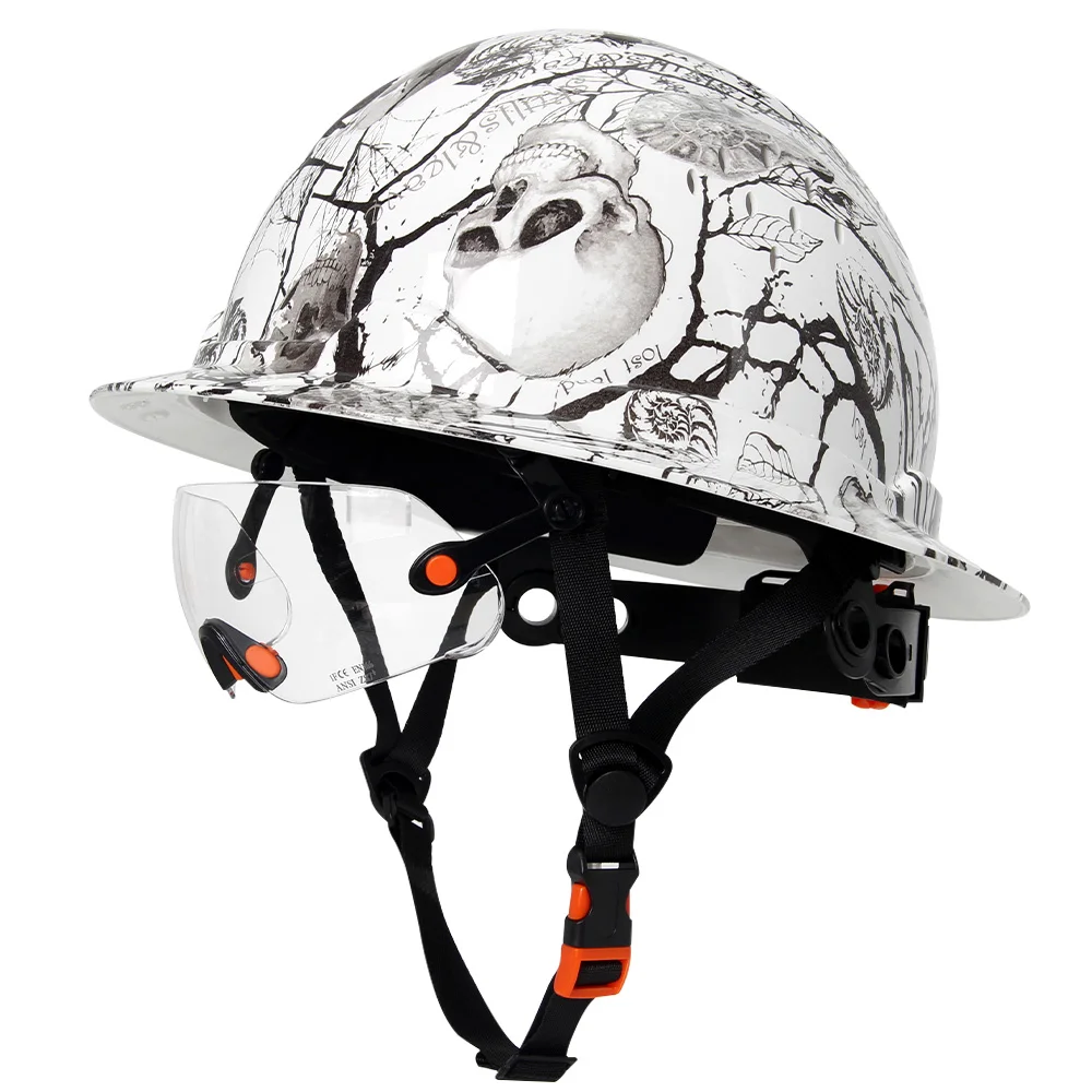 Aolamegs Skull Pattern Full Brim Hard Hat For Engineer Construction Safety Helmet HDPE HardHat Lining 6 Point Breathable ANSI