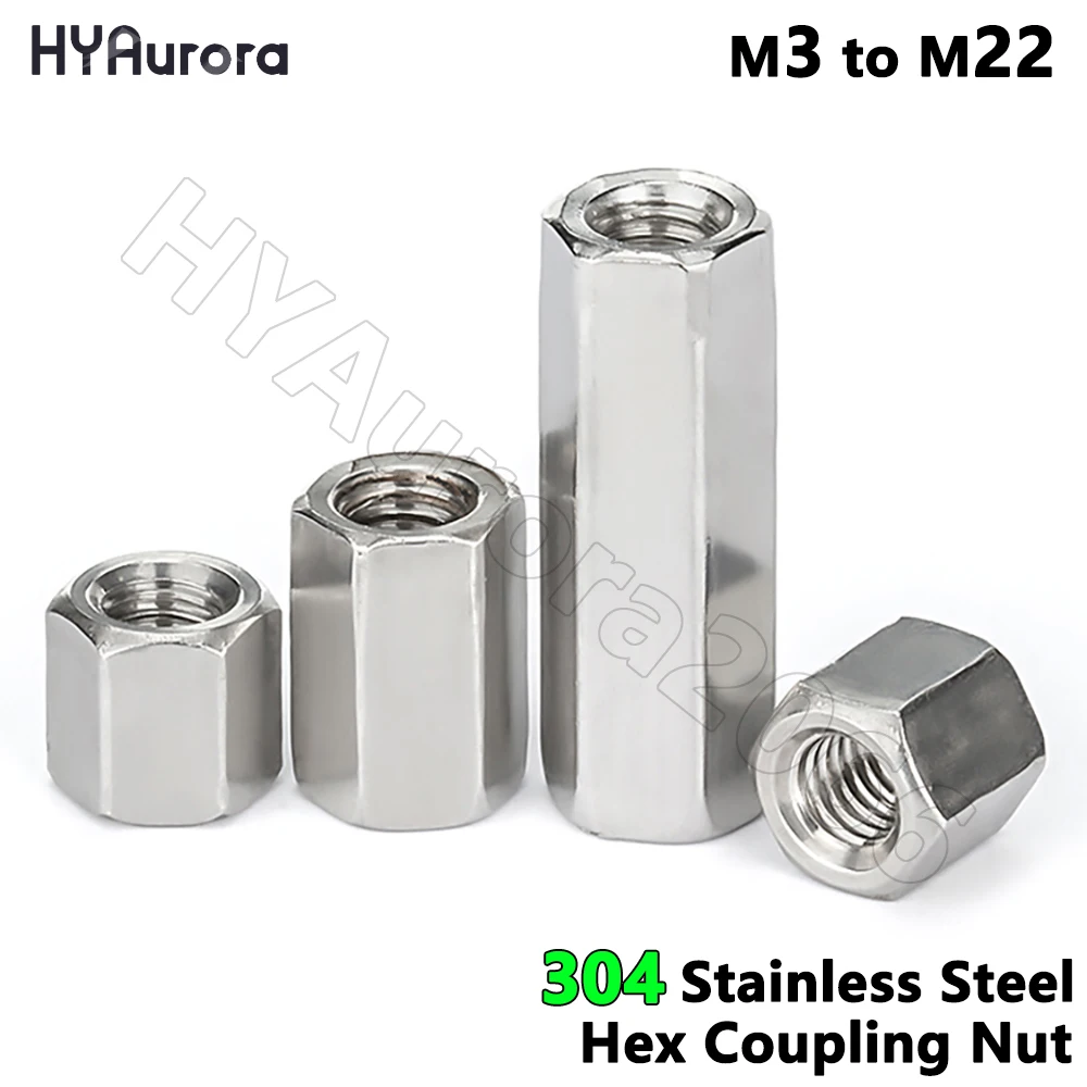 M3 to M22 Hex Coupling Nut 304 Stainless Rod Extension Coupling Nuts Female Thread Connection Connector Joint Sleeve Screw Nut