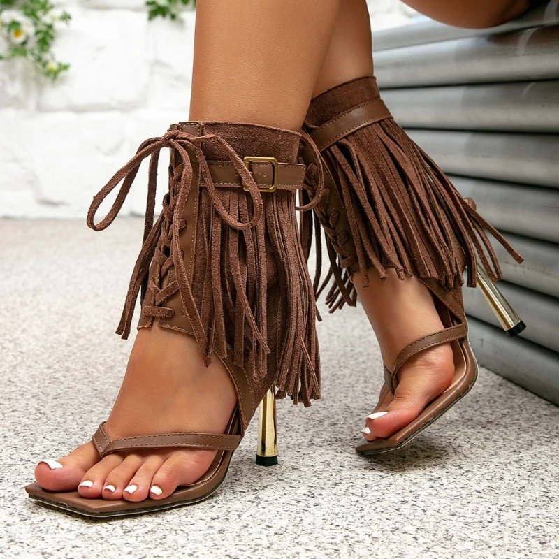 High Quality Faux Suede Ankle Boots Women Vintage Brown Tassel Lace Up Designer Boots Fashion Metal Buckle Open Toe Summer Boots view 2