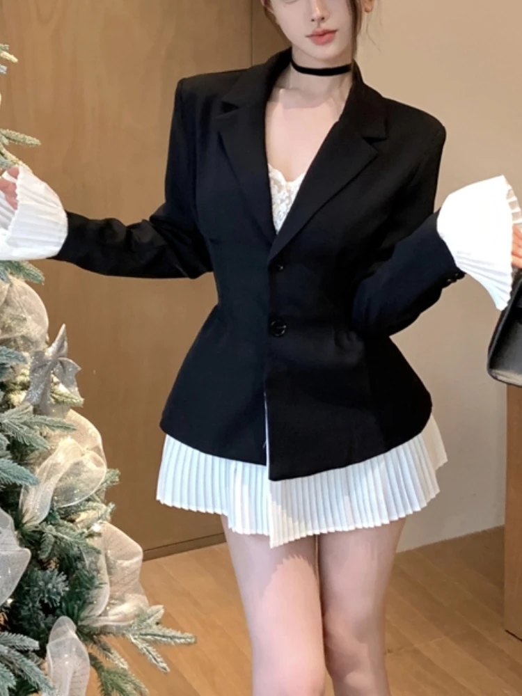 Spring Women Fashion Pleated Patchwork Black Blazer Long Sleeve Elegant Chic Solid Party Jackets Female Vintage Slim Coat Cloths