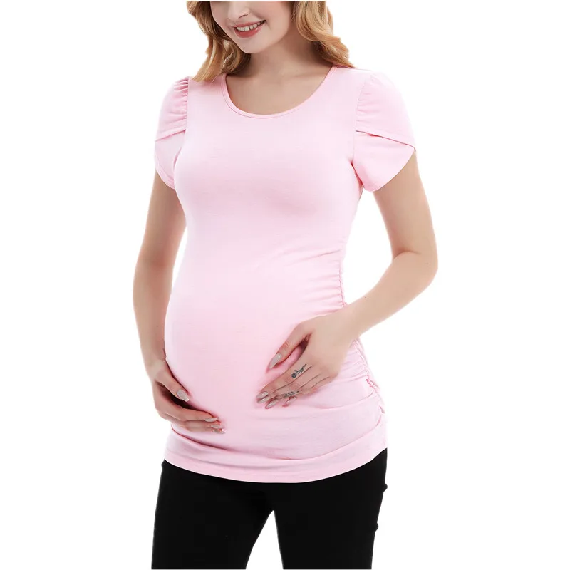 Maternity T-Shirt Summer Short Petal Sleeve T Shirt Ruched Side Pregnancy Clothes Women Tunic Tops Casual Basic Tees