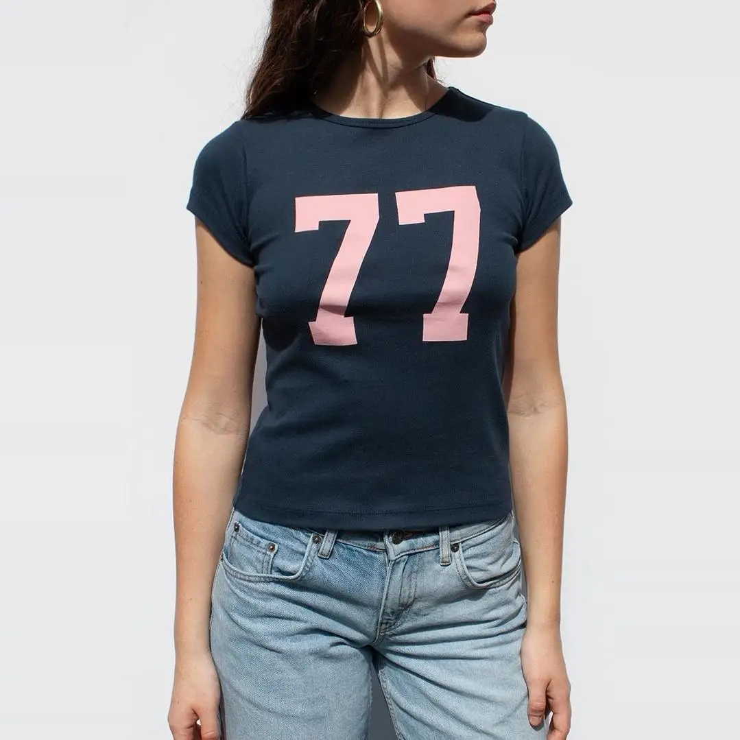 

New 2025 Women's round Ne ort Sve T-irt Pink 77 Print Pure Cotton Slimming Versatile Summer Top Hot Girl Sle