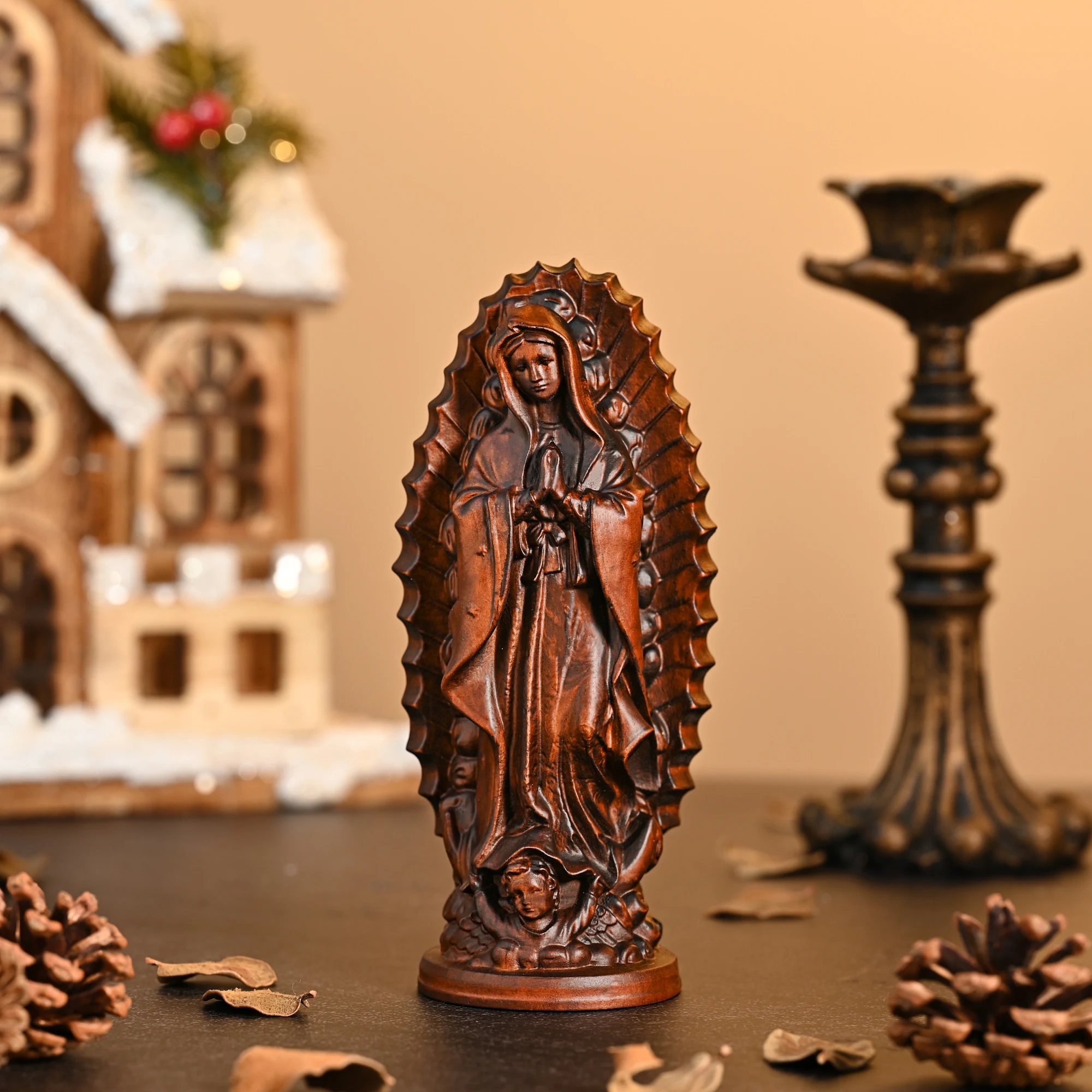 Wooden Our Lady of Guadalupe Statue Hand Carved Virgin Mary Sculpture Catholic Religious Desktop Figurine Home Chapel Church Fai