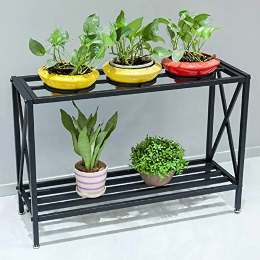 

2-Tier Iron Pot Shelves Plant Stand for Indoor Outdoor Balcony Black Iron Space-Saving Vertical Storage Rack with Sturdy Load-B