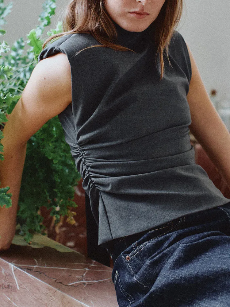 Top de Mujer Otoño 2025, Sin Mangas, Cuello Redondo, Pado, Entallado, con Hombreras, Nuevo, Versátil, E, Estilo Étn...