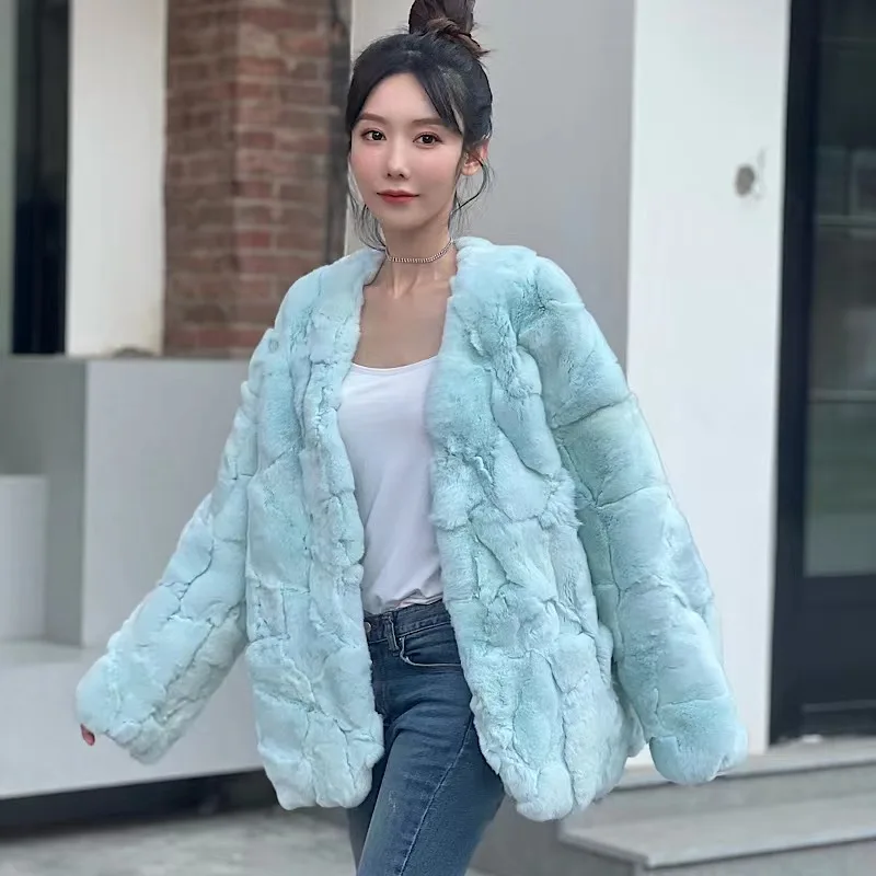 

2022New Winter Real Rex Rabbit Fur Coats With V Collar Natural Whole Skin Genuine Rex Rabbit Fur