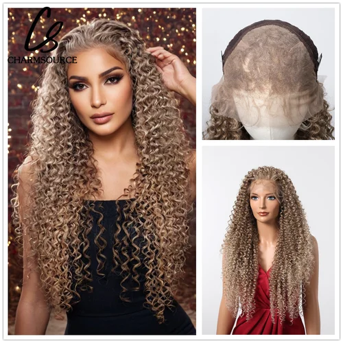 CharmSource-pelucas sintéticas de encaje marrón largo, 13x6, peluca rizada marrón para mujeres negras, uso diario Natural de alta densidad