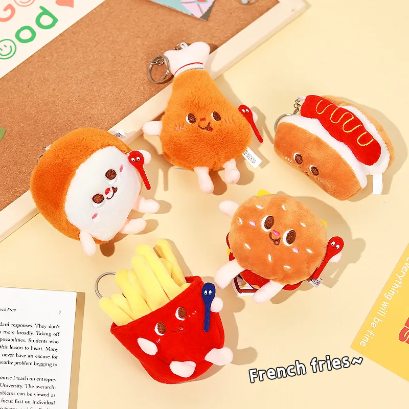 Cute Fast Food Plush Keychain Hamburger Fries Hot Dog Drum Bun Stuffed Doll Bag Pendant Food Keyring Backpack Decor