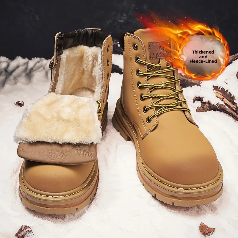 Men's Winter Thickened Fleece Lined  Boots Waterproof Anti-slip Cotton Shoes Sport Workwear Snow Boots High Top Black L...