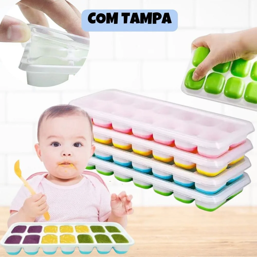 Kit com 14 Formas de Silicone Práticas e Reutilizáveis para Gelo, Tampa e Fundo Retangular para Cozinha Moderna e Criativa