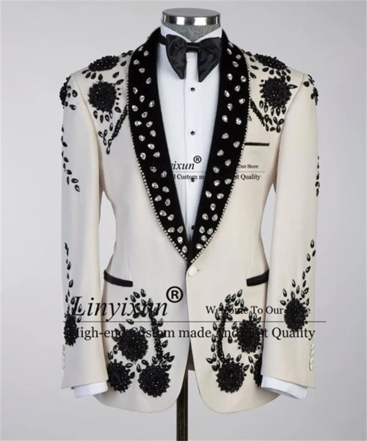 Luxury Beaded Crystal Men Suits 2 Pieces Sets Wedding Groomroom Tuxedos Slim Fit Male Blazers Customized Costume Homme Marrage