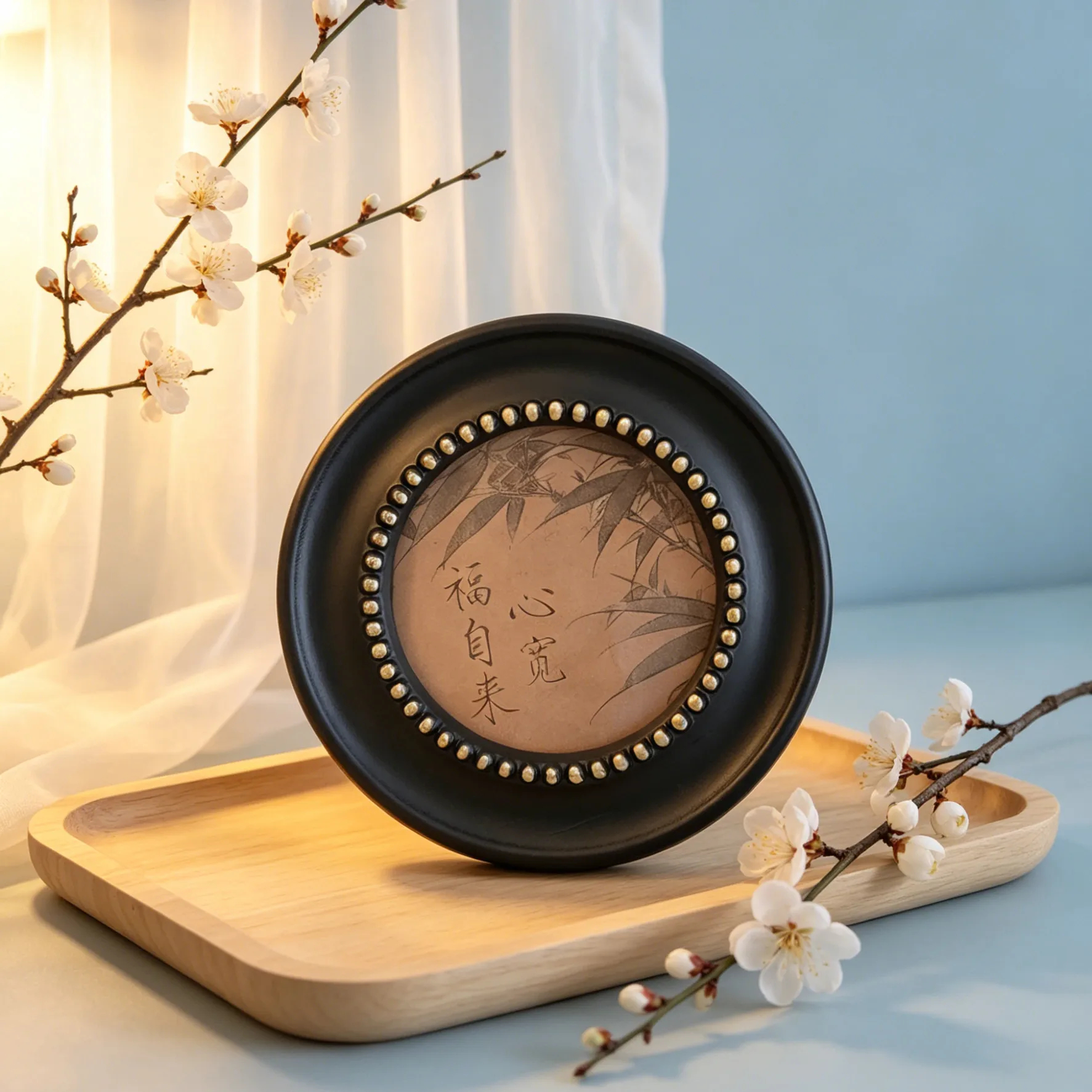 French Mid-century Style Photo Frame Modern Design Wooden Round Frame Wall-mountable Classic Home Decor