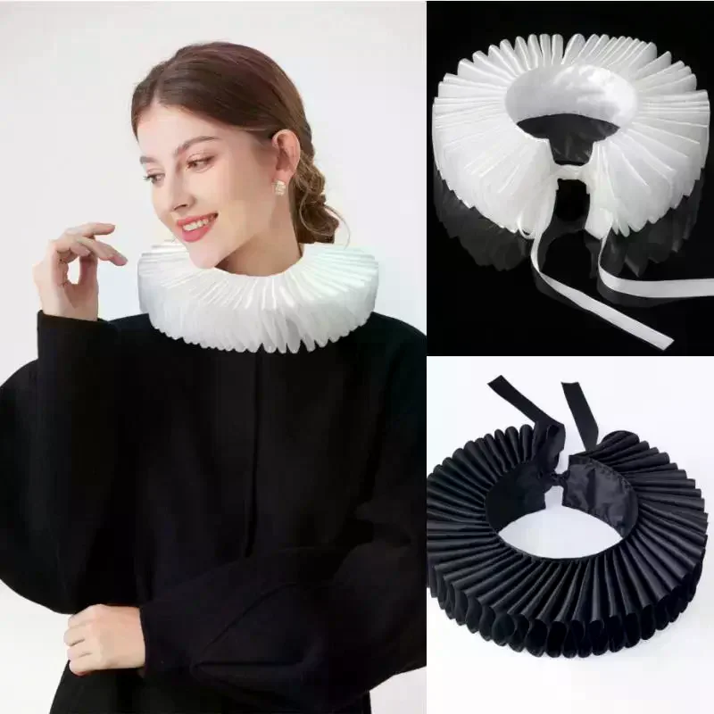Women Girls Victorian Renaissance Elizabethan Ruffled Neck Collar Satin Clown Cosplay Ruff Choker Halloween Party Stage Costume