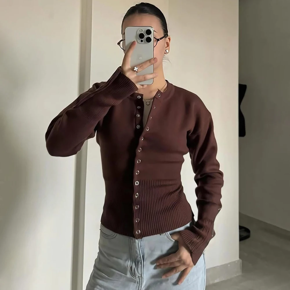 Talenza Women's High Waist Round Neck Single Breasted Cardigan Solid Long Sleeve Short Sweater Top Autumn Slim Bottoming Shirt