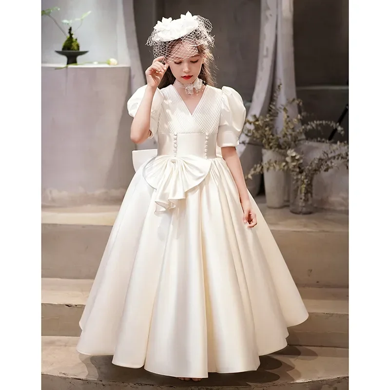 2023 Flower Girl Long Dress Kids Bridemaid Wedding Dresses For Children Big Bow Ball Gowns Girls Boutique Formal Elegant Frocks