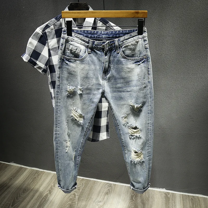 Męskie jeansy retro z dziurami i efektem zniszczenia, luźne, proste, krótkie, w stylu koreańskim, dżinsowe spodnie beggar.