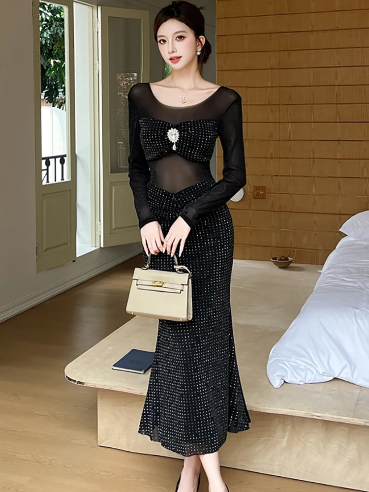2025 diamantes pretos retalhos malha pura sexy vestido longo outono manga longa elegante vestido babados feminino coreano vestido de baile de luxo