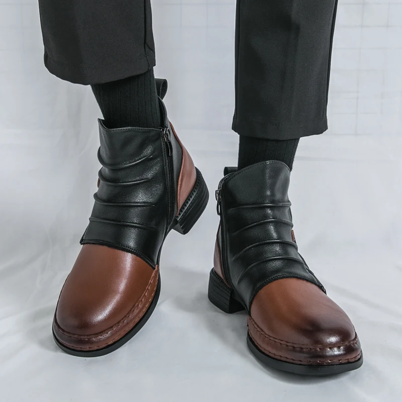 

Retro men's ankle boots, fashionable casual zipper motorcycle boots for men, new designer warm thick soled shoes for men