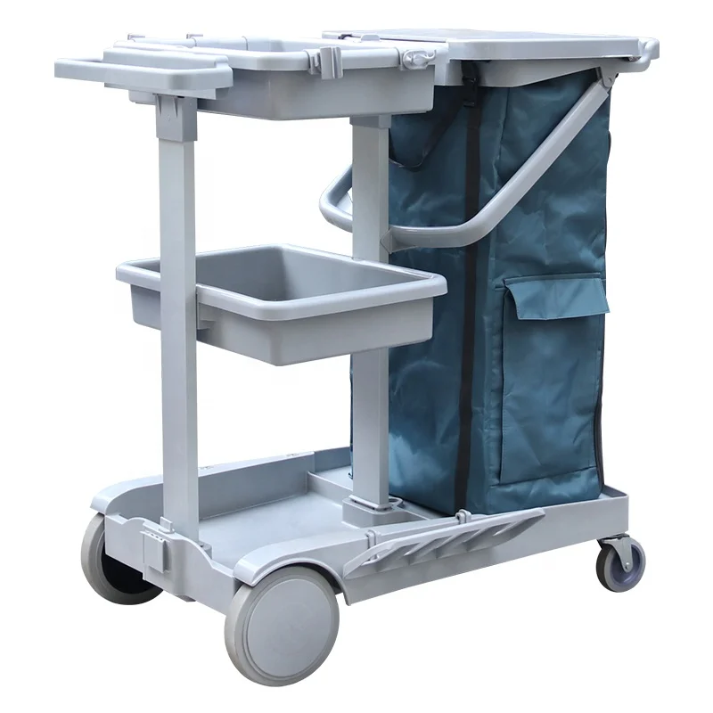 ISSA Member Factory Multifunctional Plastic Cleaning Trolley Carts With Nylon Rubbish Bag For Hotel Restaurant 