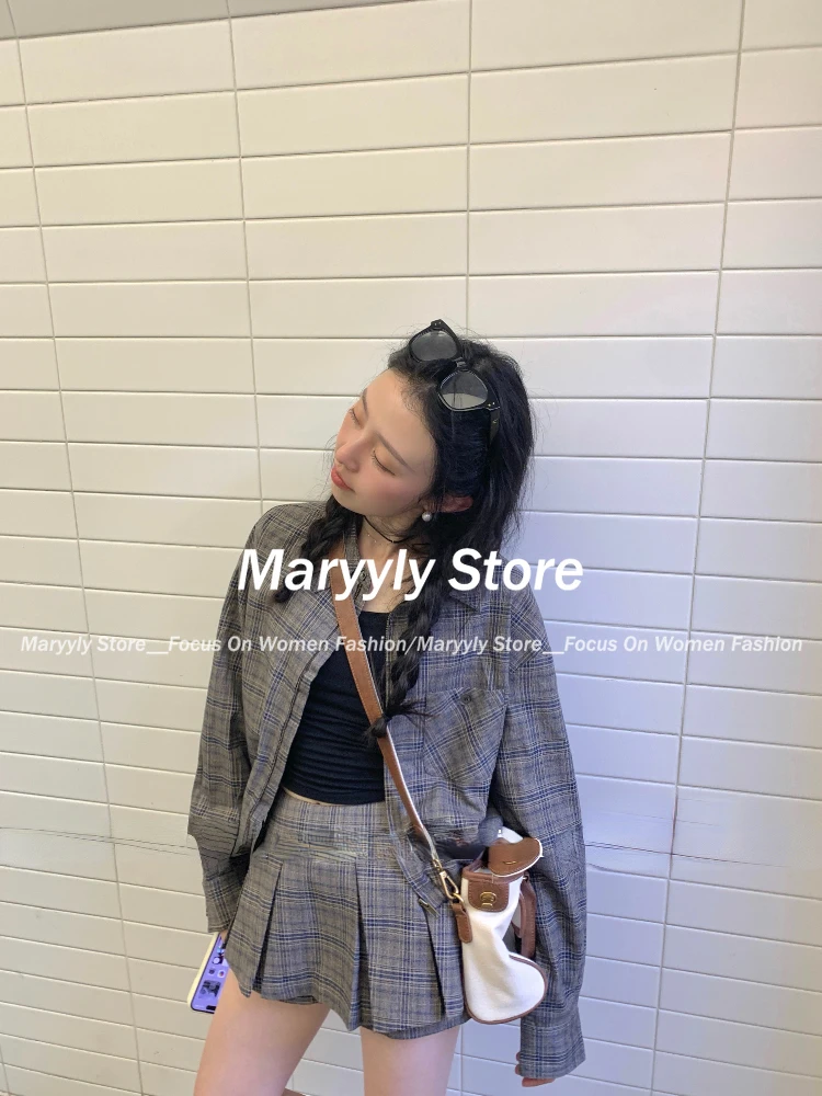 Autumn Winter 2000s Aesthetic Plaid Skirt Suit Women Vintage Shirts Jacket + Pleated Mini Skirt Preppy Outfits 2 Piece Set New