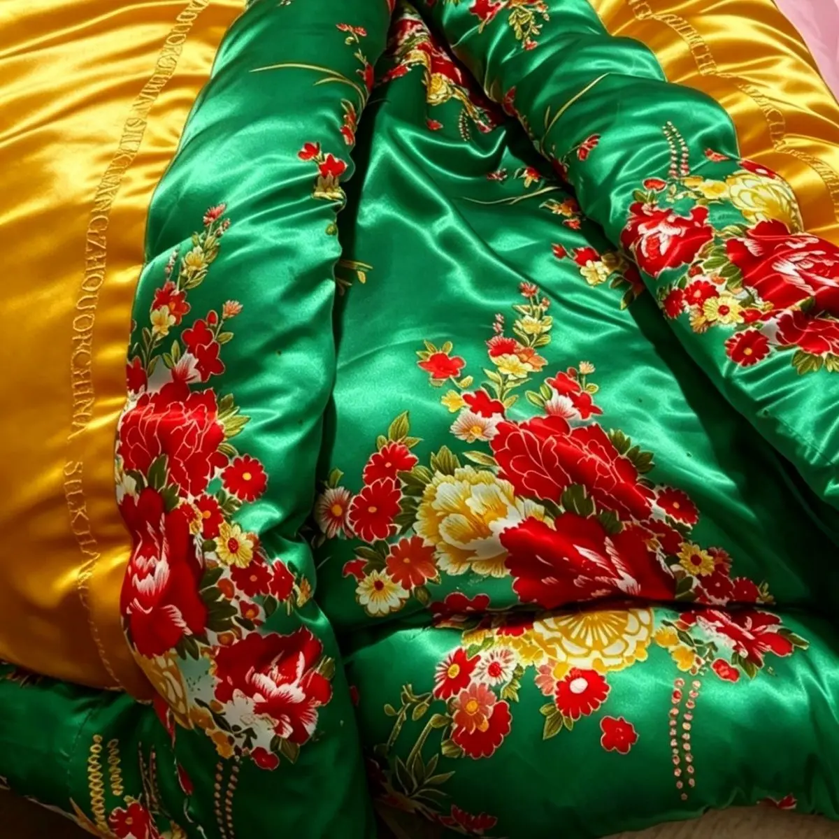 No cotton filling Glossy summer satin silk cover with zipper floral print bedspread home bedding
