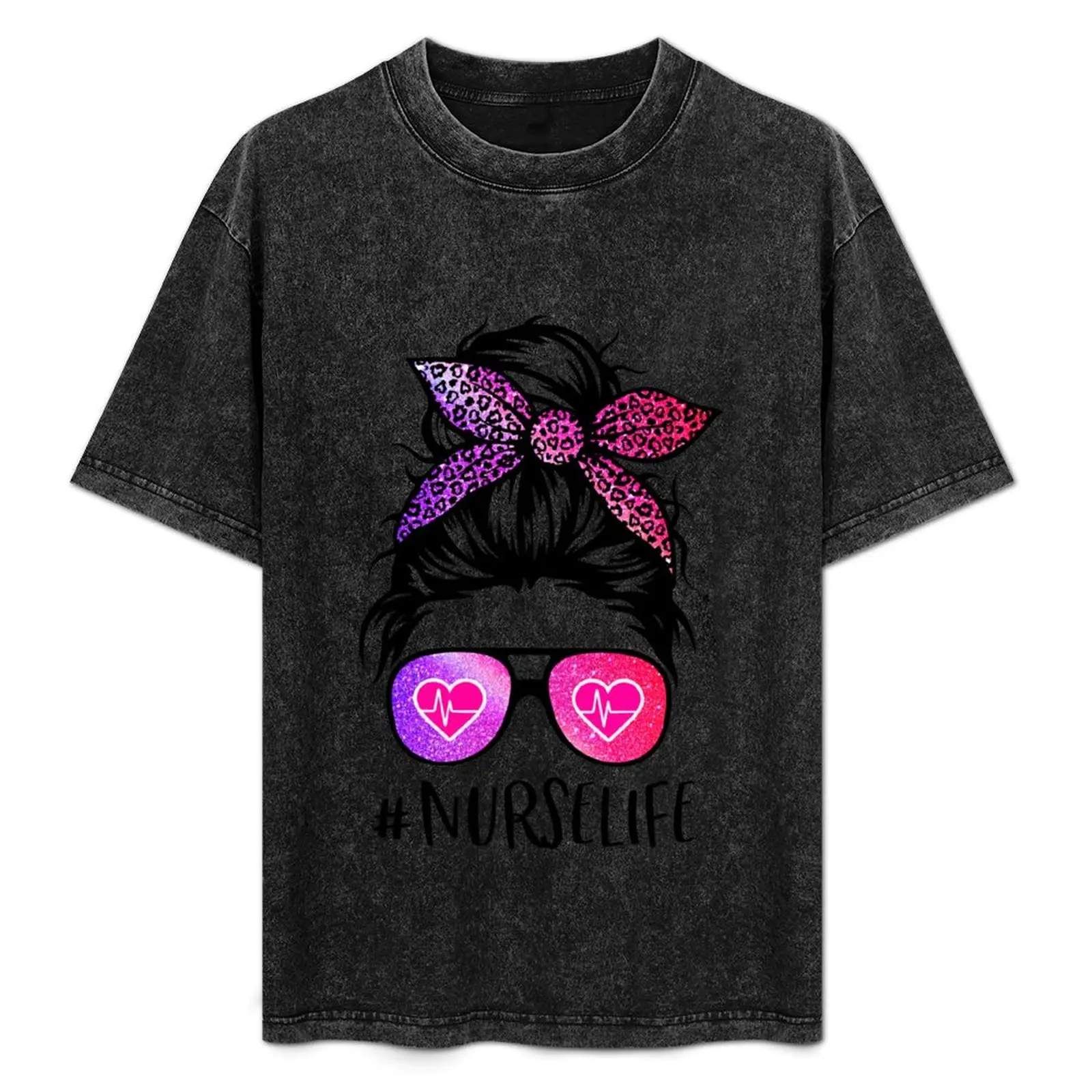 

Nurse Life Pink Leopard Messy Bun Nurse Life T-Shirt Basic Plain Tee for Spring and Summer