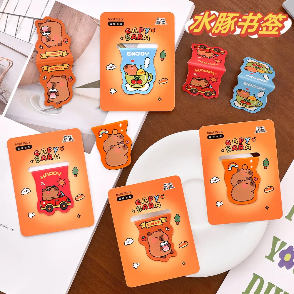 48 pcs Wholesale Cartoon Cute Capybara Magnetic Bookmark Student Book Classification Double-sided Paper Page Folder