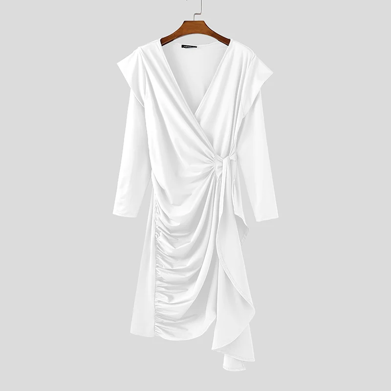 INCERUN مجموعات الرجال الصلبة مطوي الخامس الرقبة طويلة الأكمام نمط طويل قميص وسراويل قطعتين مجموعات الشارع الشهير موضة الرجال الدعاوى غير رسمية