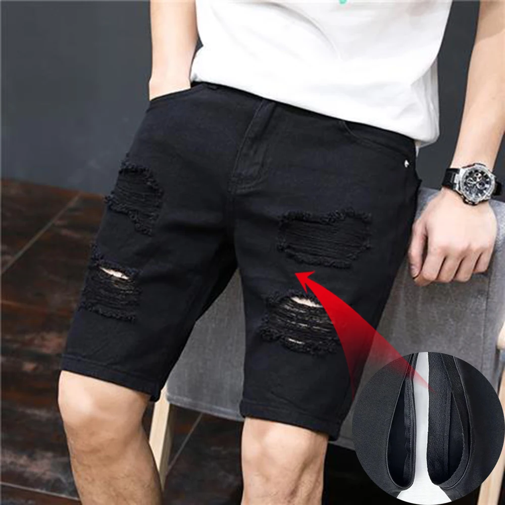 

Invisible Open Crotch Outdoor Sex Summer Ripped Denim Shorts Men's Casual Jeans Streetwear Trend Five Points Pants Breeches