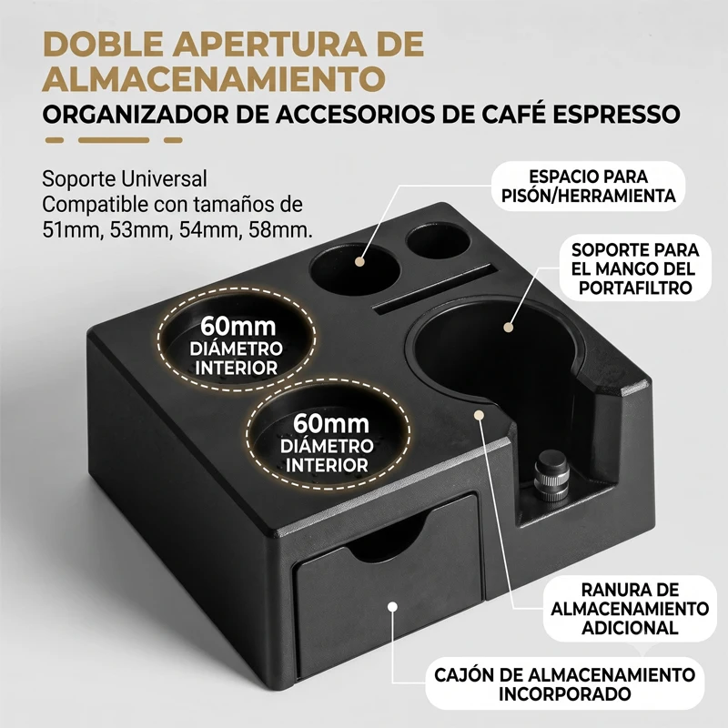 Base para prensar café en polvo, soporte para café en polvo. Se utiliza con portafiltros de café de 51, 53, 54 mm y 58 mm. Caja de almacenamiento multifuncional para máquinas de café. Accesorios para espresso. Estante para guardar herramientas de barista.