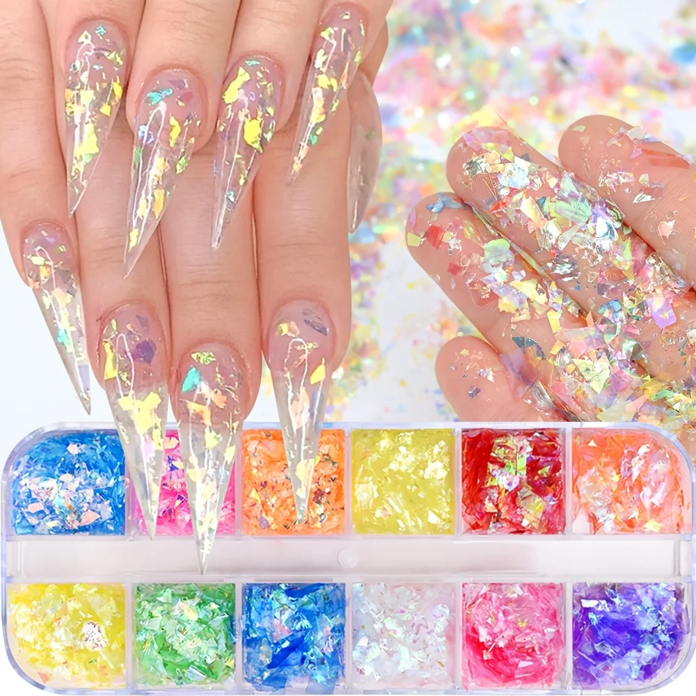 12‑Grid Extra‑Thin Big Nail Art Sequins, Holographic Rainbow Irregular Glitter Fragments for Nails