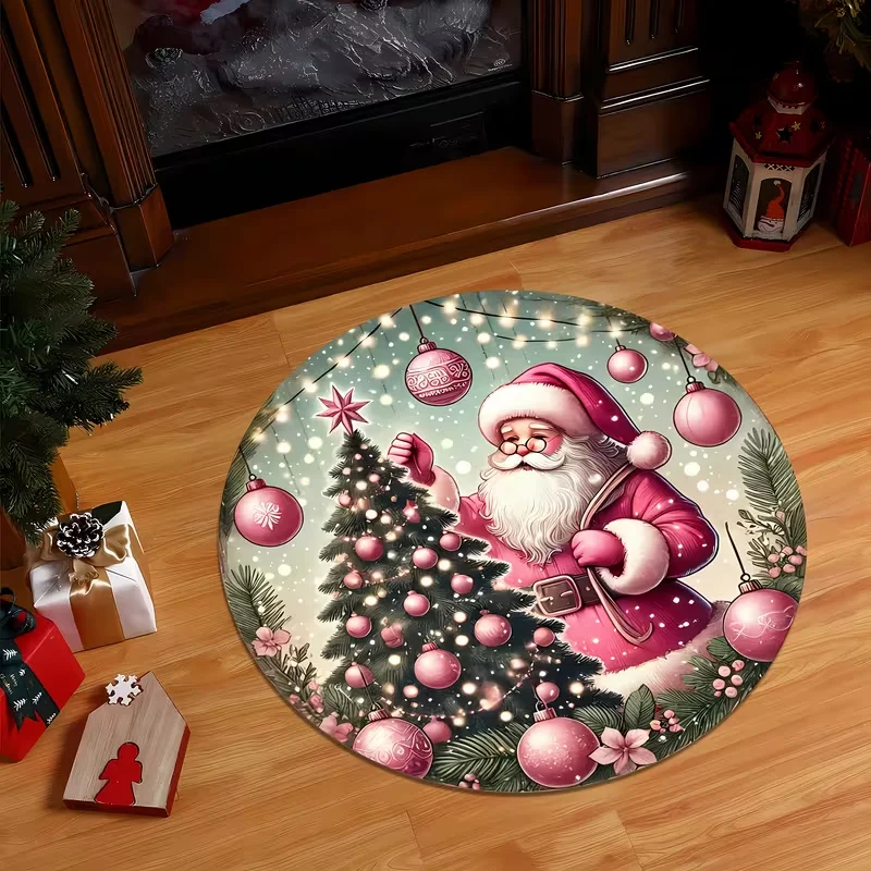Round Plaid Gnome Merry Christmas Area Rug Non Slip Xmas Home Decor Mat Indoor Bedroom Living Room Festive Floor Carpet