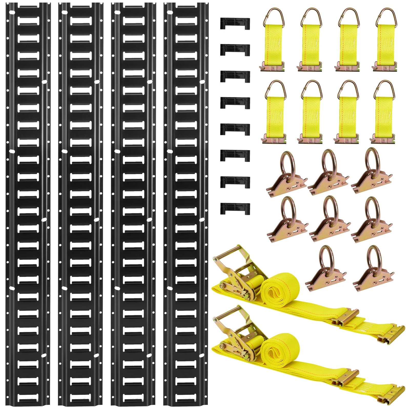 E-Track Tie-Down Rail Kit, 4 Pack 7.7 ft E Track Rails, 26 Pcs Includes 2 Ratchet Straps & 8 O-Rings & 8 Tie-Offs with D-Ring & 8 End Caps, Compatible with Garages Vans Trailers Motorcycles