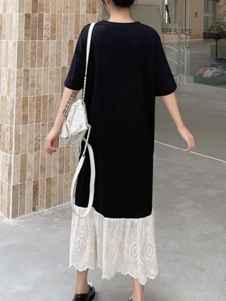 Primavera Verano mujer suelta talla grande camiseta vestido Casual Jacquard Patchwork señoras Vestidos