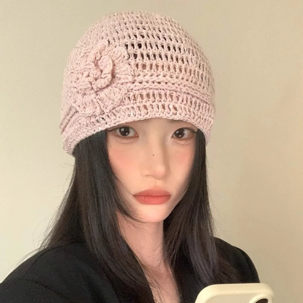 

Y2k Style Flower Knitted Caps Hollow Hand-woven Beanies Cap Solid Color Breathable Sequin Crochet Hat