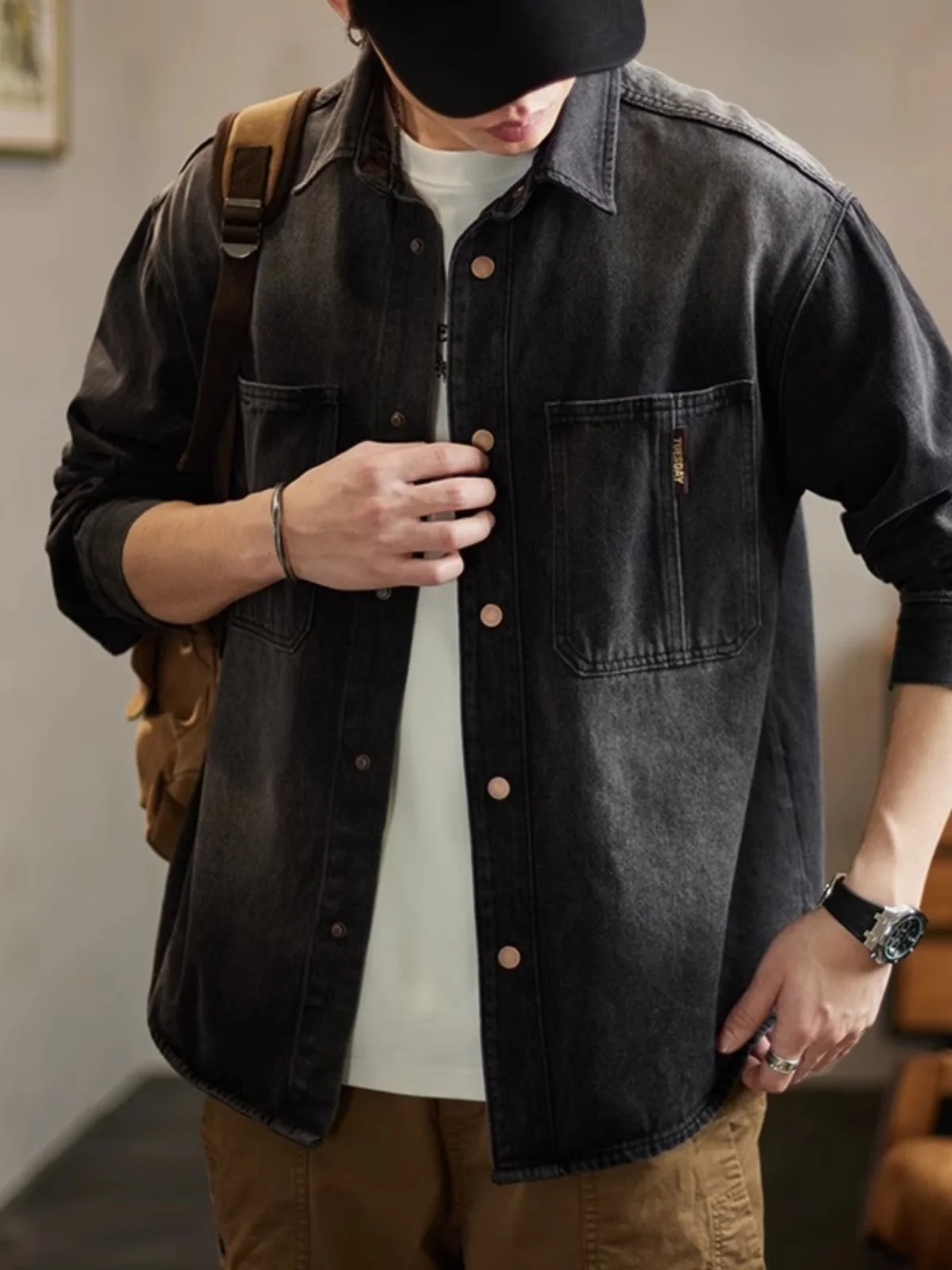 

Retro Waed Denim irt Men's Loose Long Sve Workwear Jaet Outerwear Trendy Youthful Sle Autumn New Arrival