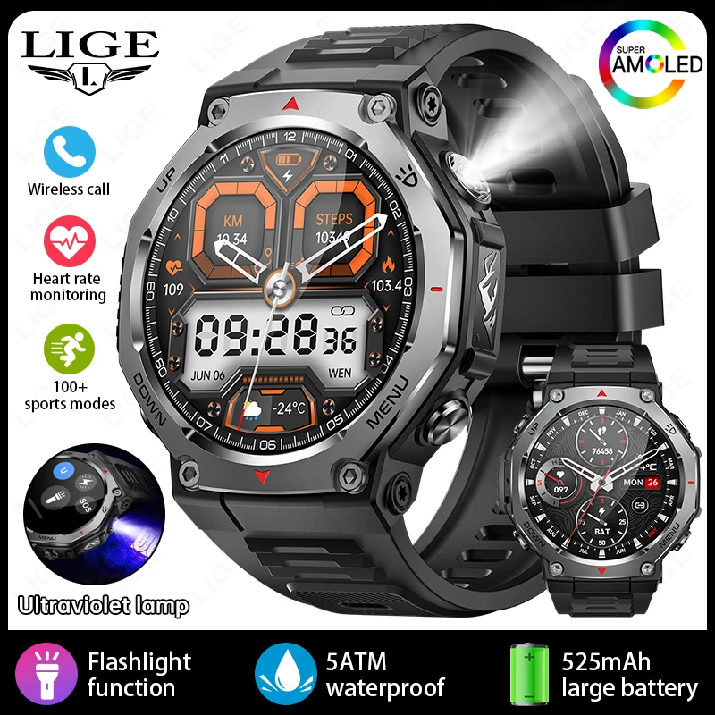

LIGE Военные Смарт-часы для мужчин GPS Спортивные часы на открытом воздухе с AMOLED-экраном Высотомер Барометр Компас Монитор сердечного ритма и сна