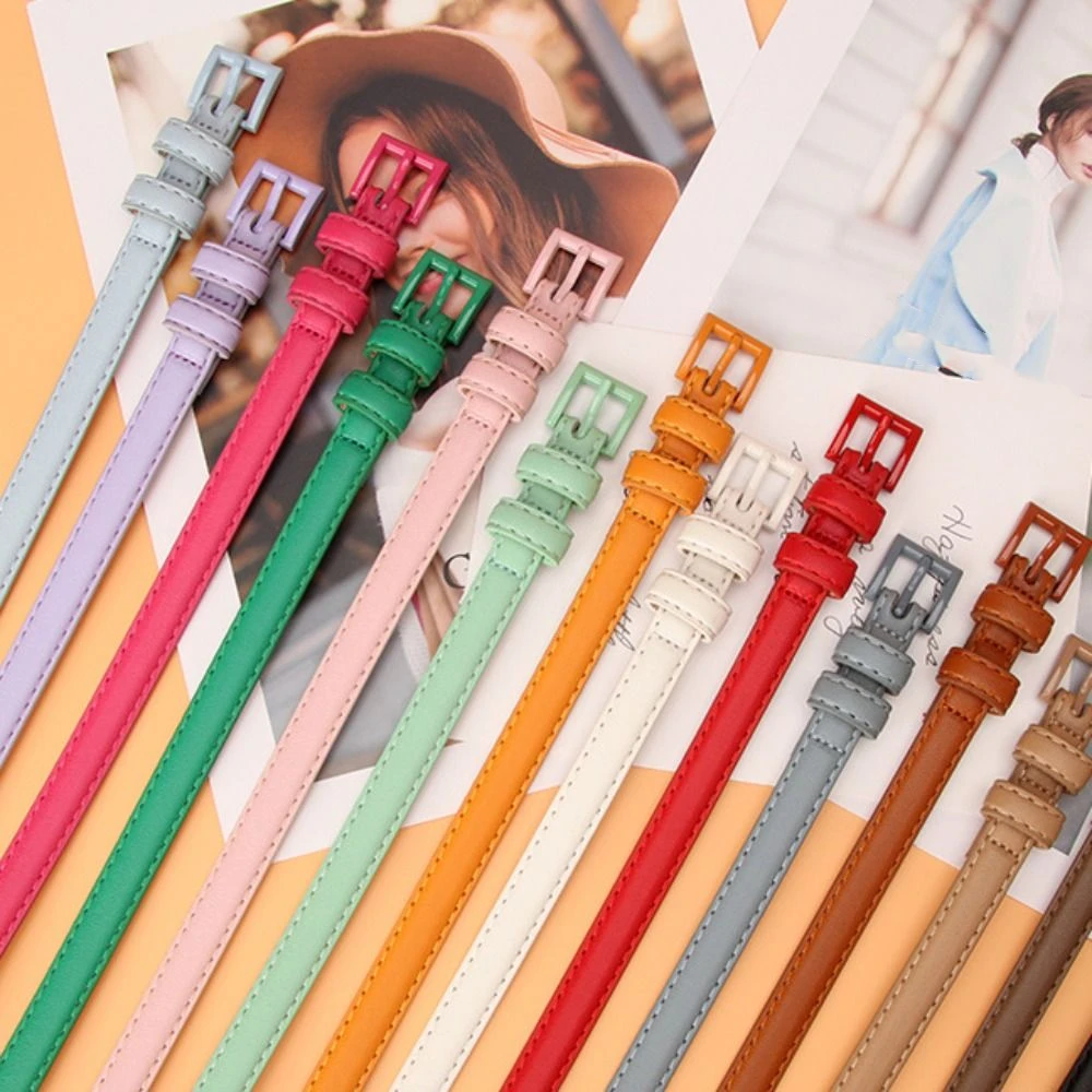 الكلاسيكية الأنيقة لون الحلوى حزام بولي Leather الجلود خمر حزام خصر رفيع قابل للتعديل مربع مشبك فستان حزام الجينز الديكور