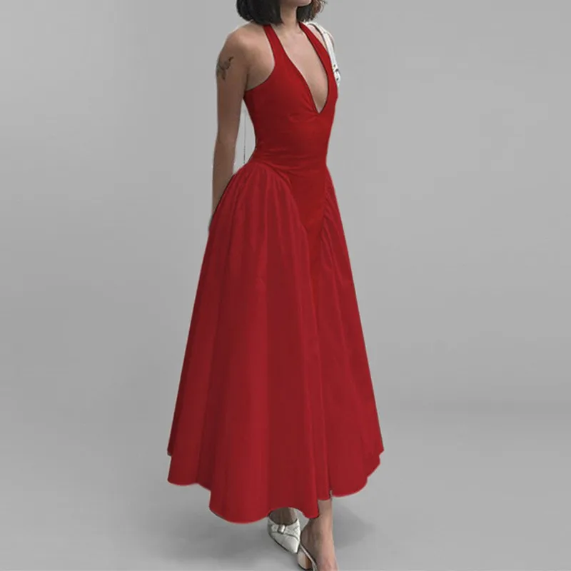 

2025 Summer New Solid Color Sexy Deep V Hollow Halter Neck Big Hem Skirt Skirt Dress For Women Sleeveless Suspender Long Dress