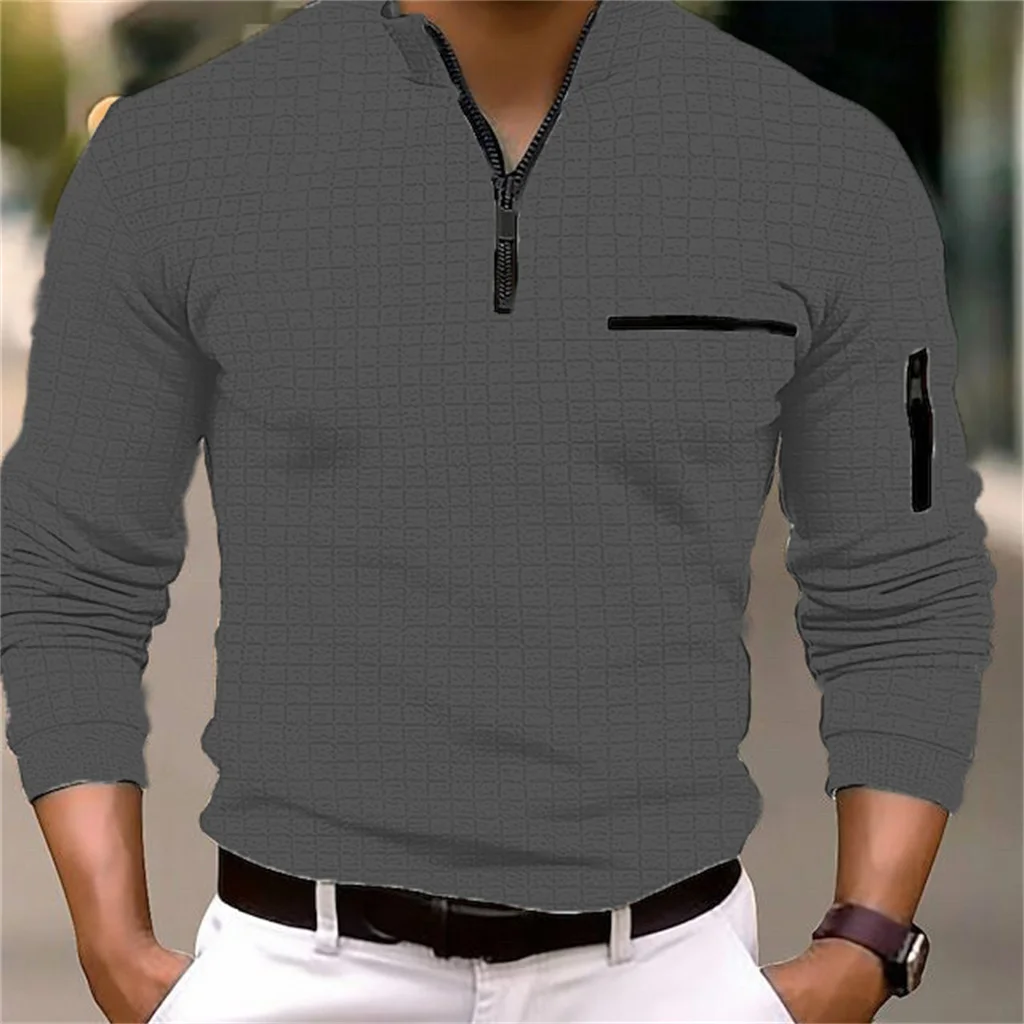 2024 spring and autumn new men\'s casual checkered POLO shirt arm zipper sport T-shirt trend men stand collar long sleeve top