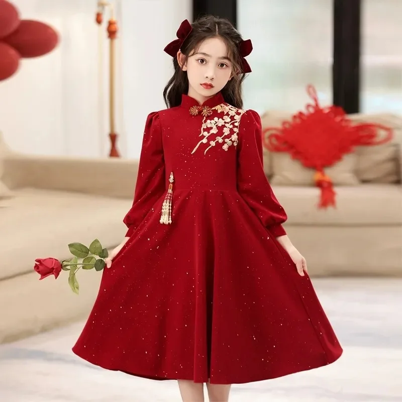 2025 spring autumn winter Kids Girls solid retro qipao cheongsam applique red Princess Teens New Year Dresses Clothes 4 12 year