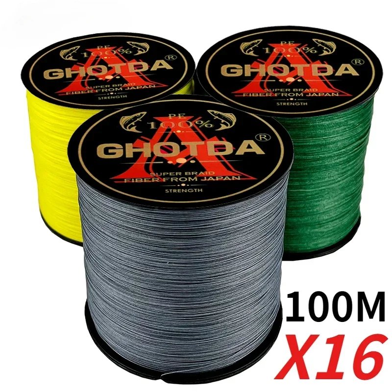 GHOTDA 16 Strands MultiColor Smooth Fishing Line 100M Japan PE Braided Multifilament Cord 25-200LB Carp Pike Bass Fishing Pesca