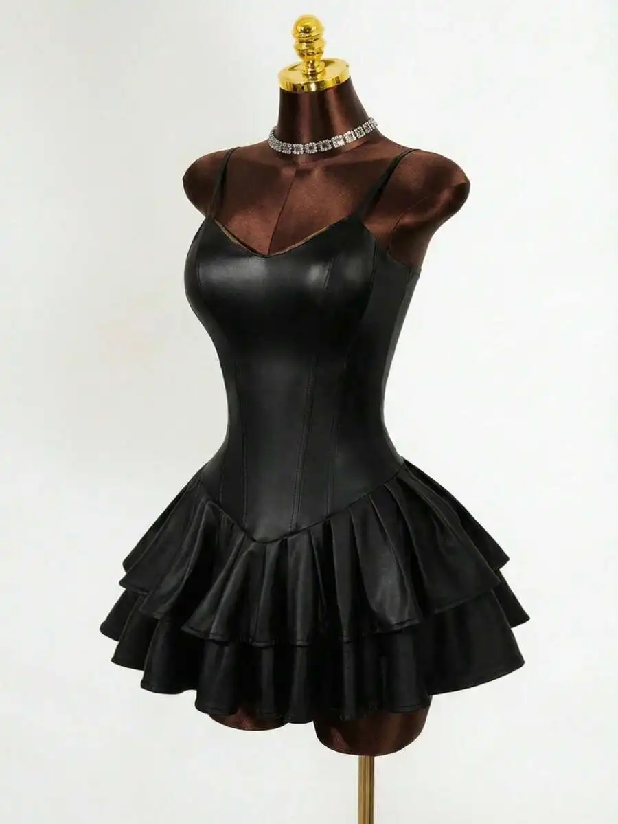 Vestido de fiesta ajustado sin espalda de manga larga para mujer, minivestido negro de PU con corsé, copa asimétrica y falda con volantes escalonados para mujer