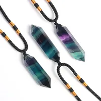 Natural Fluorite Necklace Hexagonal Double Tip Point Crystal Pendants Reiki Aura Original Gem Healing Column Black Rope Pendulum
