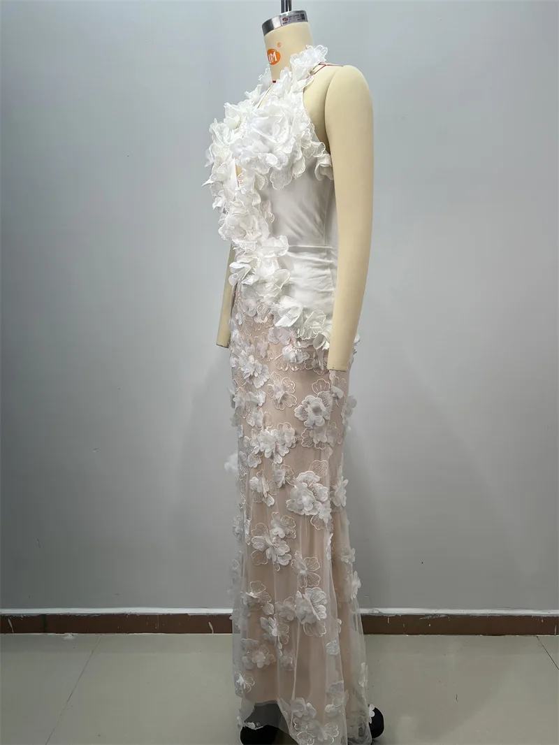 Robe de mariée sirène blanche pour femmes, avec doublure, Sexy, col licou, sans manches, formelle, fleur 3D, élégante, Robe de soirée pour invités