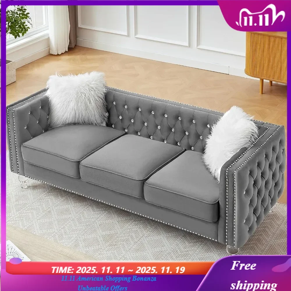 

83'' Velvet Chesterfield Sofa Mid-Century Modern Nailhead Button Tufted Couch with Acrylic Legs And 2 Throw Pillows