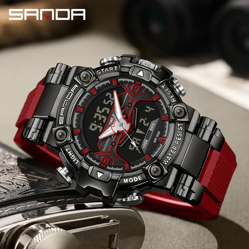 SANDA Top Brand Men Dual Movement Display Quartz Watches Multifunctional Men Clock Luminous Waterproof Electronics Chronograph