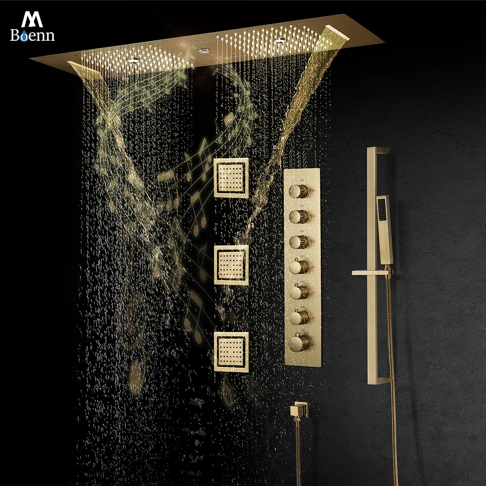 M Boenn 35*12 Inch Brushed Gold Shower Head Rainfall Bathroom Shower System Set Wall Massage Body Jet Thermostaic Diverter Mixer