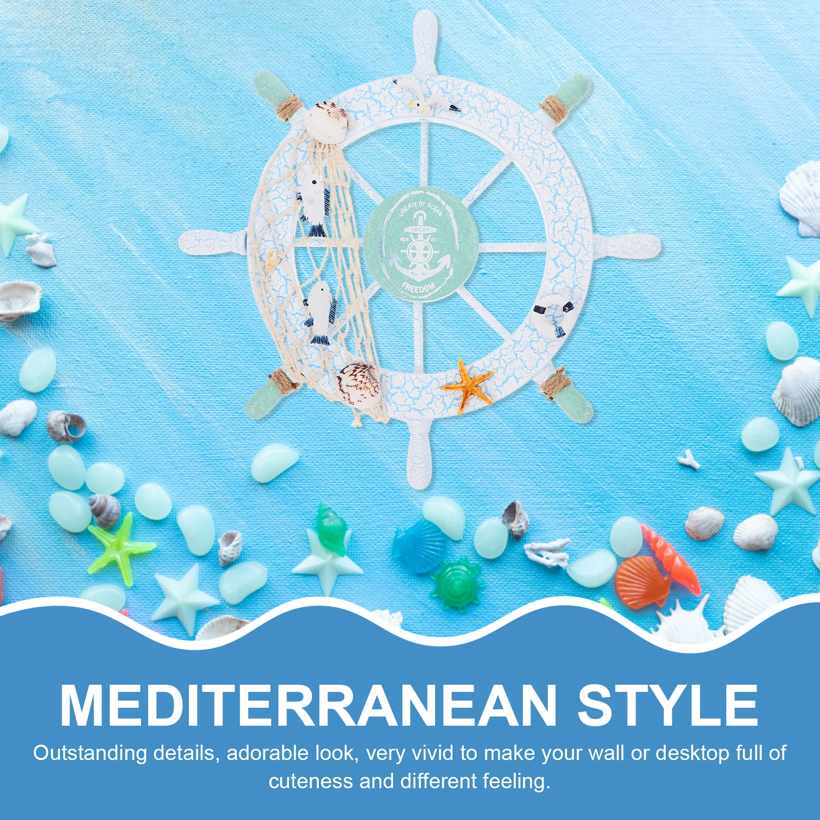 

Wooden Ship Wheel Decor 8 Spokes Blue White Nautical Wall Hanging Home DecorVintage Fishing Net Shell Rope Boat