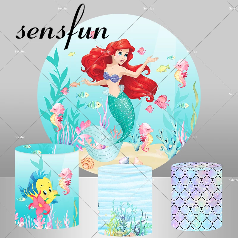 Little Mermaid Ariel Princess Girls Birthday Party Round Backdrop Cover Under The Sea Circle Background Dessert Table Banner